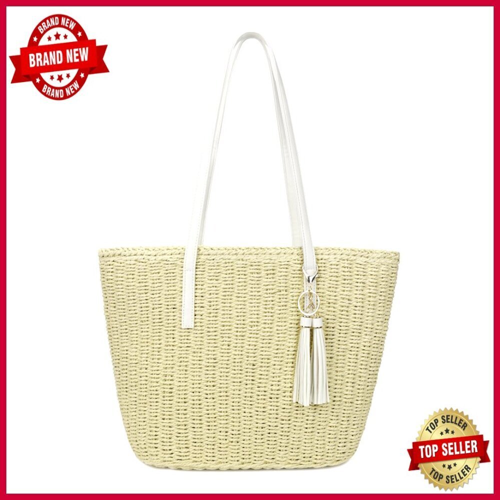 Large Handwoven Straw Tote Bag with Zipper Closure and Tassel